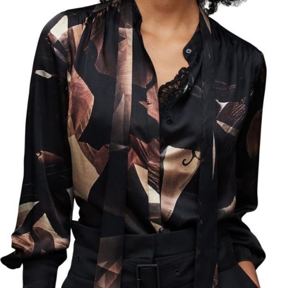 All Saints Black Satin Abstract Floral Tie-Neck Blouse with Bronze Accents - Picture 3 of 16